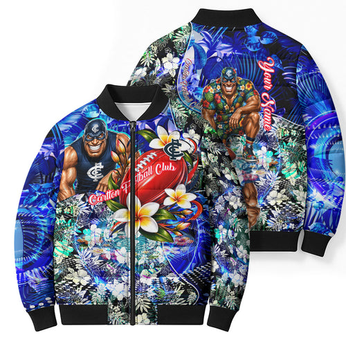 Personalized Carlton Football Blues Bomber Puffer Jacket Tropical Hibiscus Flowers - Pacific Fusion Style