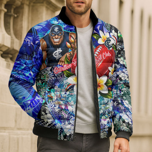 Personalized Carlton Football Blues Bomber Puffer Jacket Tropical Hibiscus Flowers - Pacific Fusion Style