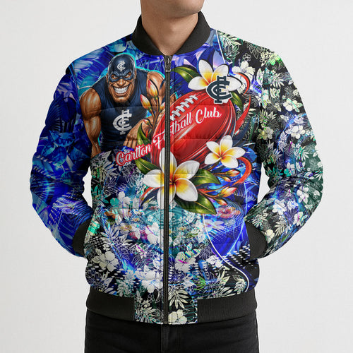 Personalized Carlton Football Blues Bomber Puffer Jacket Tropical Hibiscus Flowers - Pacific Fusion Style