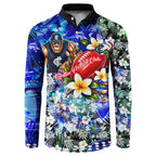 Personalized Carlton Football Blues Button Sweatshirt Tropical Hibiscus Flowers - Pacific Fusion Style