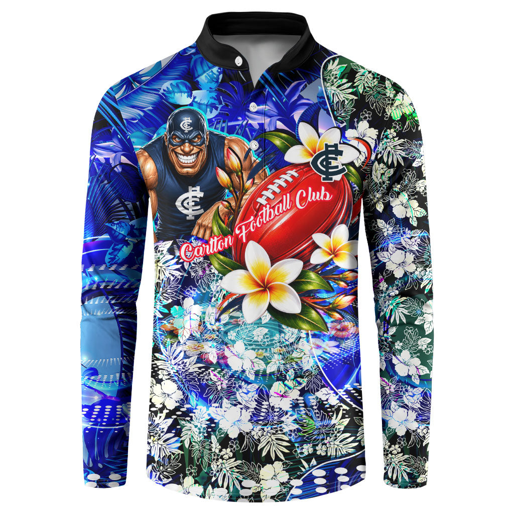 Personalized Carlton Football Blues Button Sweatshirt Tropical Hibiscus Flowers - Pacific Fusion Style