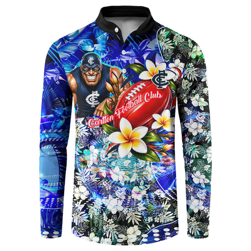 Personalized Carlton Football Blues Button Sweatshirt Tropical Hibiscus Flowers - Pacific Fusion Style