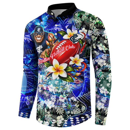 Personalized Carlton Football Blues Button Sweatshirt Tropical Hibiscus Flowers - Pacific Fusion Style