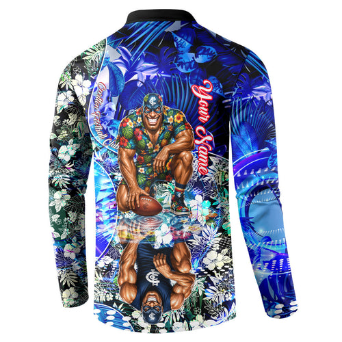Personalized Carlton Football Blues Button Sweatshirt Tropical Hibiscus Flowers - Pacific Fusion Style