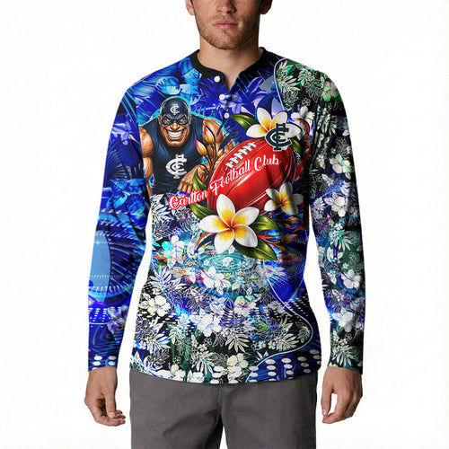 Personalized Carlton Football Blues Button Sweatshirt Tropical Hibiscus Flowers - Pacific Fusion Style