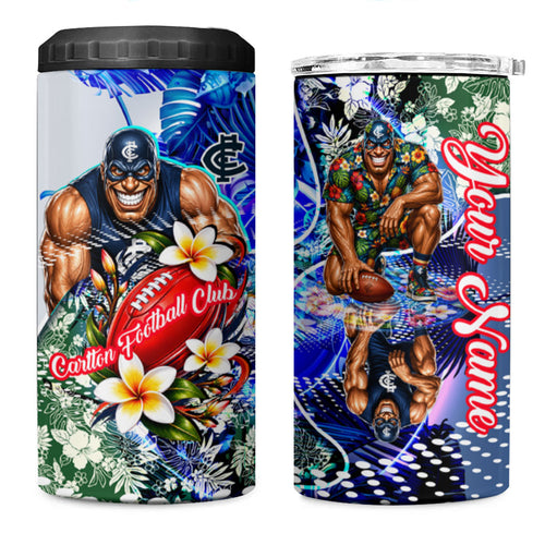 Personalized Carlton Football Blues 4 in 1 Can Cooler Tumbler Tropical Hibiscus Flowers - Pacific Fusion Style