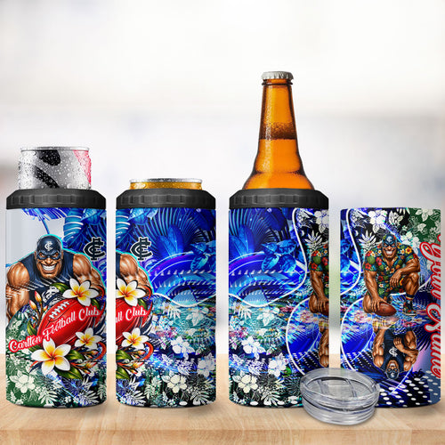 Personalized Carlton Football Blues 4 in 1 Can Cooler Tumbler Tropical Hibiscus Flowers - Pacific Fusion Style