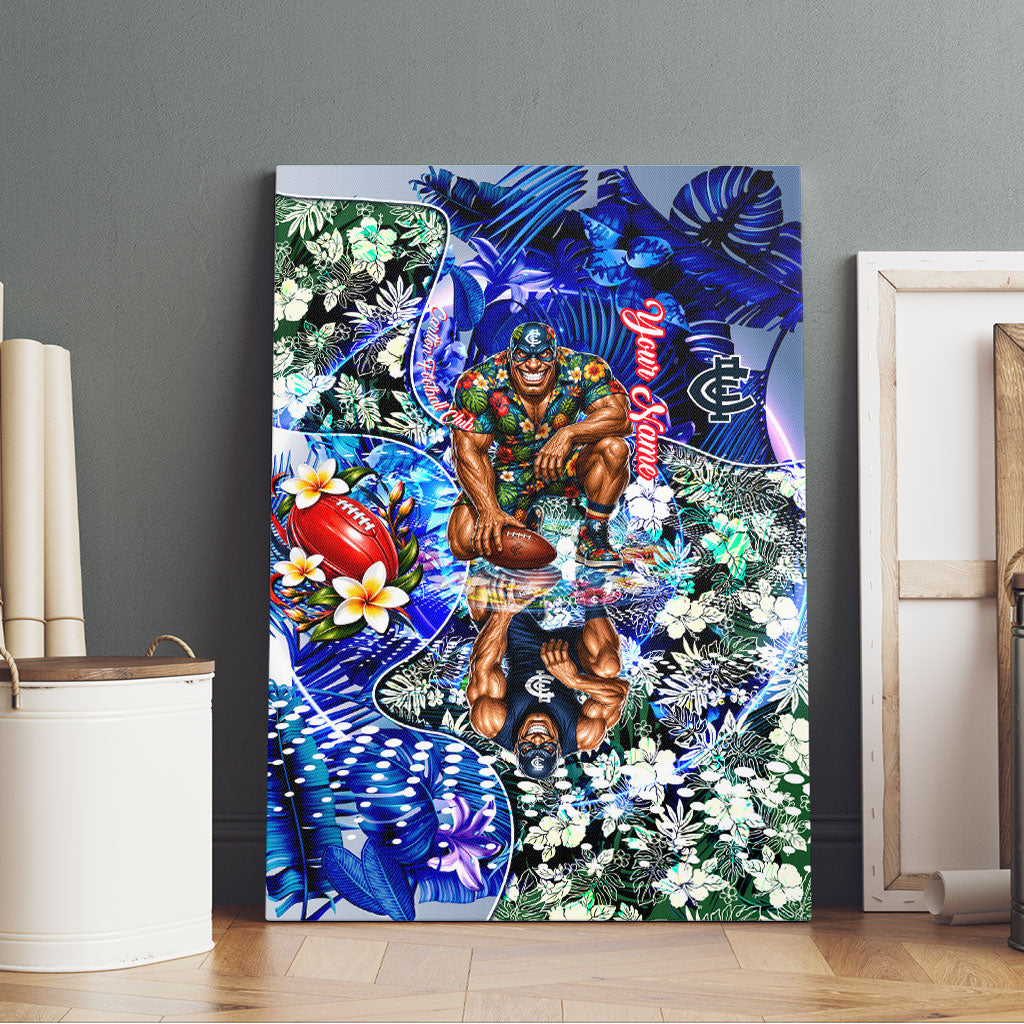 Personalized Carlton Football Blues Canvas Wall Art Tropical Hibiscus Flowers - Pacific Fusion Style