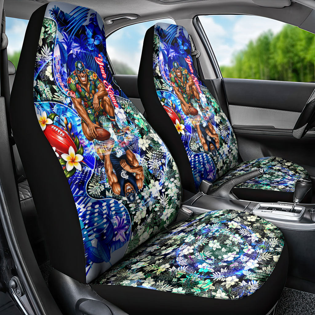 Personalized Carlton Football Blues Car Seat Cover Tropical Hibiscus Flowers - Pacific Fusion Style