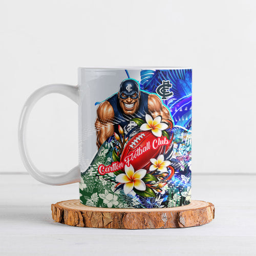 Personalized Carlton Football Blues Ceramic Mug Tropical Hibiscus Flowers - Pacific Fusion Style