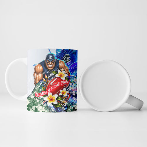 Personalized Carlton Football Blues Ceramic Mug Tropical Hibiscus Flowers - Pacific Fusion Style