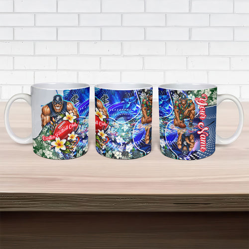 Personalized Carlton Football Blues Ceramic Mug Tropical Hibiscus Flowers - Pacific Fusion Style
