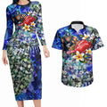 Personalized Carlton Football Blues Couples Matching Long Sleeve Bodycon Dress and Hawaiian Shirt Tropical Hibiscus Flowers - Pacific Fusion Style