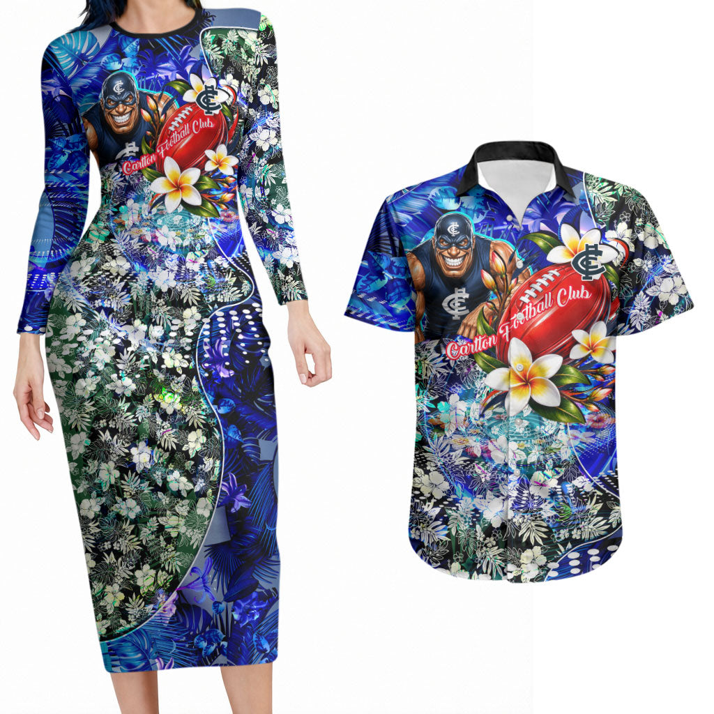 Personalized Carlton Football Blues Couples Matching Long Sleeve Bodycon Dress and Hawaiian Shirt Tropical Hibiscus Flowers - Pacific Fusion Style