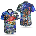Personalized Carlton Football Blues Couples Matching Long Sleeve Bodycon Dress and Hawaiian Shirt Tropical Hibiscus Flowers - Pacific Fusion Style