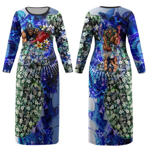 Personalized Carlton Football Blues Couples Matching Long Sleeve Bodycon Dress and Hawaiian Shirt Tropical Hibiscus Flowers - Pacific Fusion Style