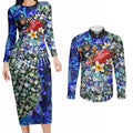 Personalized Carlton Football Blues Couples Matching Long Sleeve Bodycon Dress and Long Sleeve Button Shirt Tropical Hibiscus Flowers - Pacific Fusion Style