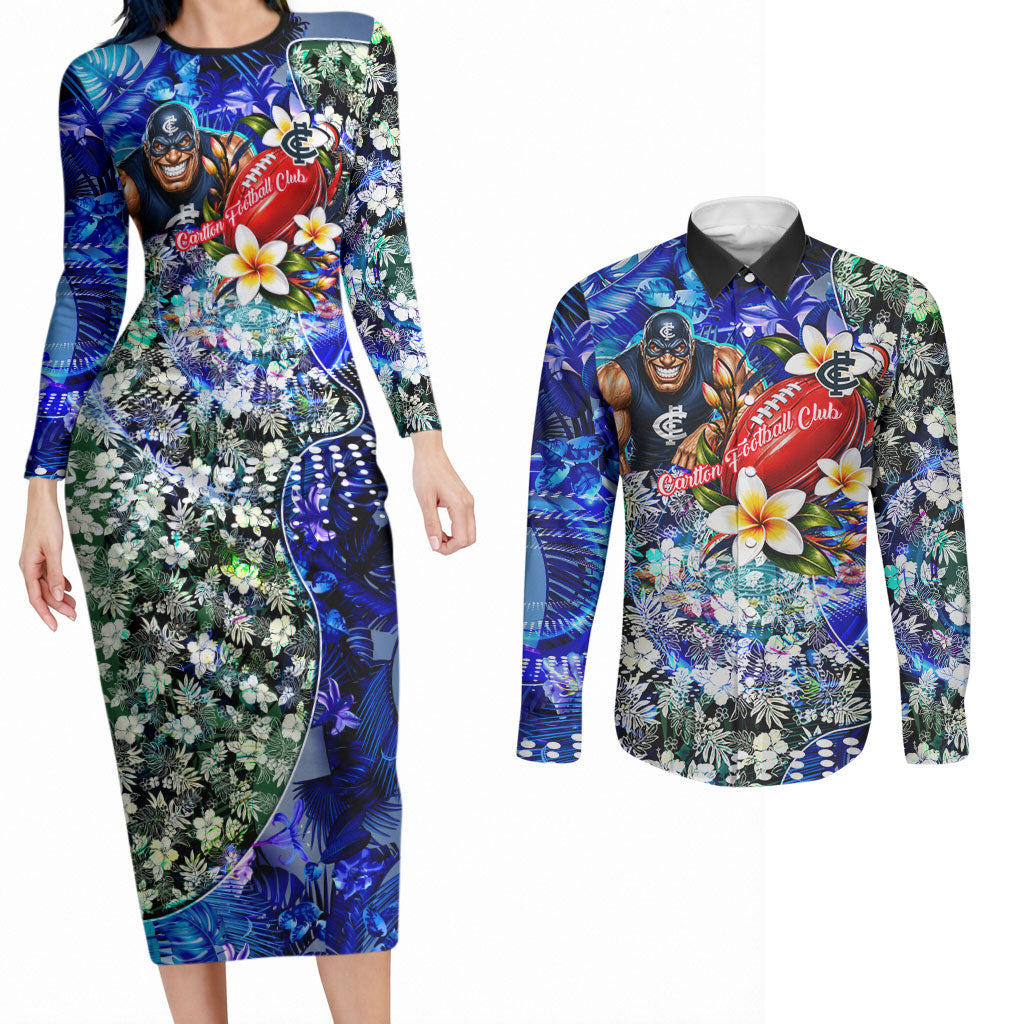 Personalized Carlton Football Blues Couples Matching Long Sleeve Bodycon Dress and Long Sleeve Button Shirt Tropical Hibiscus Flowers - Pacific Fusion Style
