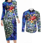 Personalized Carlton Football Blues Couples Matching Long Sleeve Bodycon Dress and Long Sleeve Button Shirt Tropical Hibiscus Flowers - Pacific Fusion Style