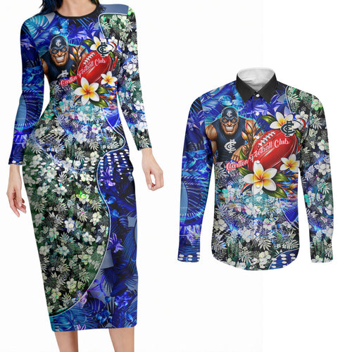 Personalized Carlton Football Blues Couples Matching Long Sleeve Bodycon Dress and Long Sleeve Button Shirt Tropical Hibiscus Flowers - Pacific Fusion Style