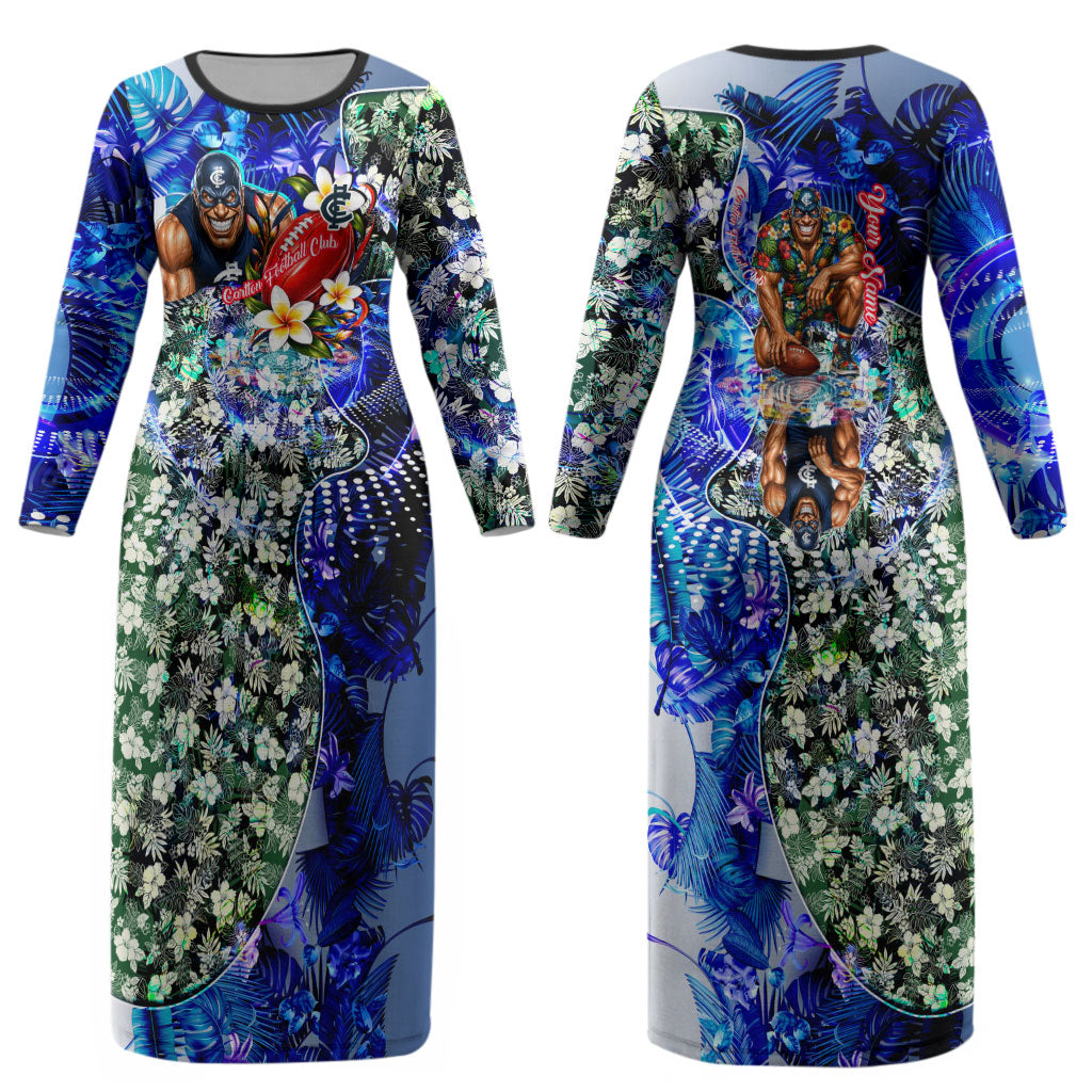 Personalized Carlton Football Blues Couples Matching Long Sleeve Bodycon Dress and Long Sleeve Button Shirt Tropical Hibiscus Flowers - Pacific Fusion Style
