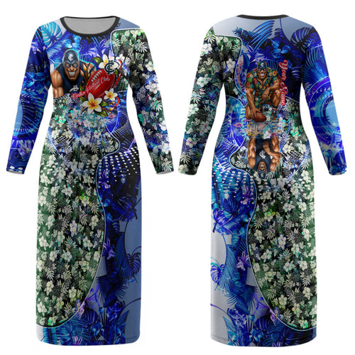 Personalized Carlton Football Blues Couples Matching Long Sleeve Bodycon Dress and Long Sleeve Button Shirt Tropical Hibiscus Flowers - Pacific Fusion Style