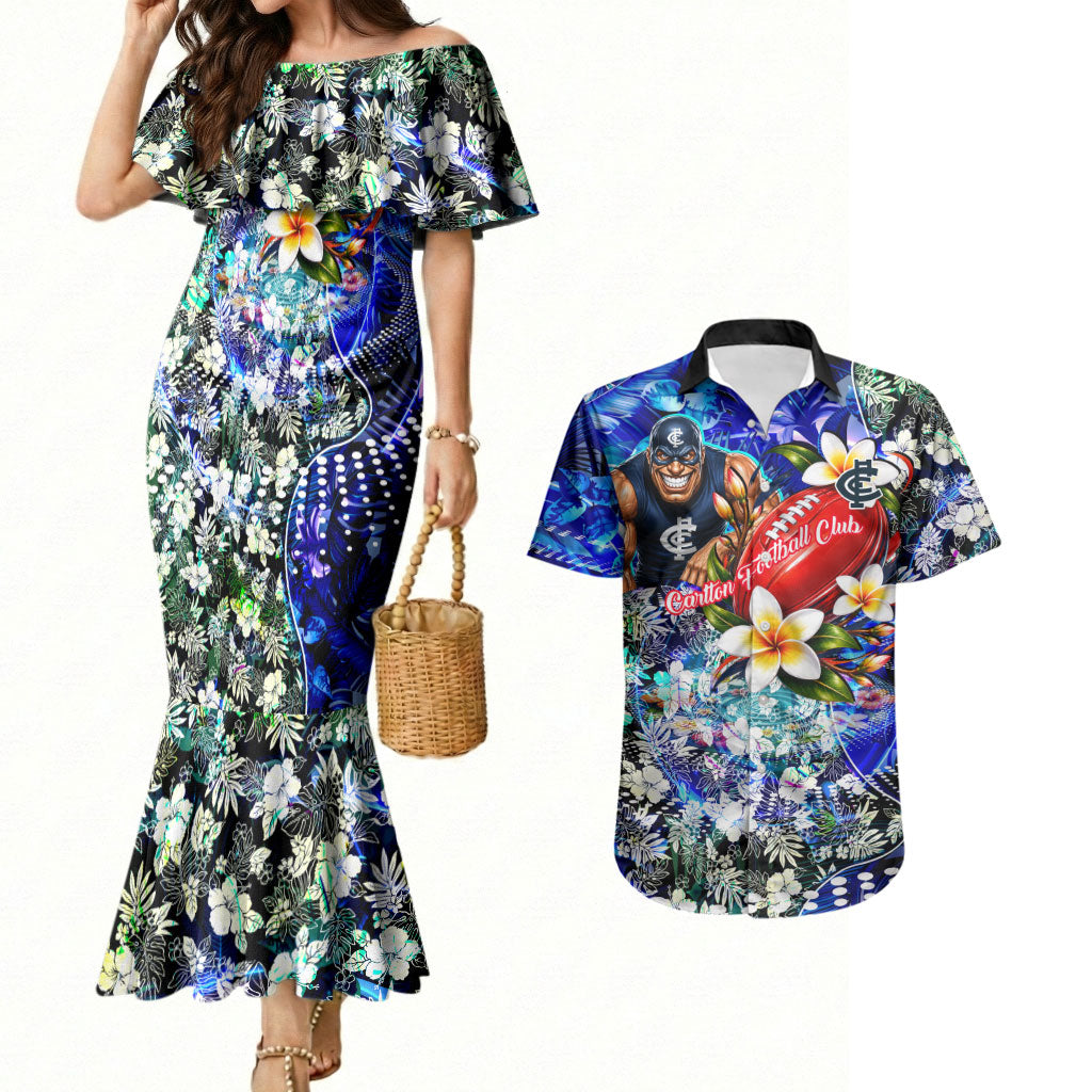 Personalized Carlton Football Blues Couples Matching Mermaid Dress and Hawaiian Shirt Tropical Hibiscus Flowers - Pacific Fusion Style
