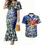 Personalized Carlton Football Blues Couples Matching Mermaid Dress and Hawaiian Shirt Tropical Hibiscus Flowers - Pacific Fusion Style