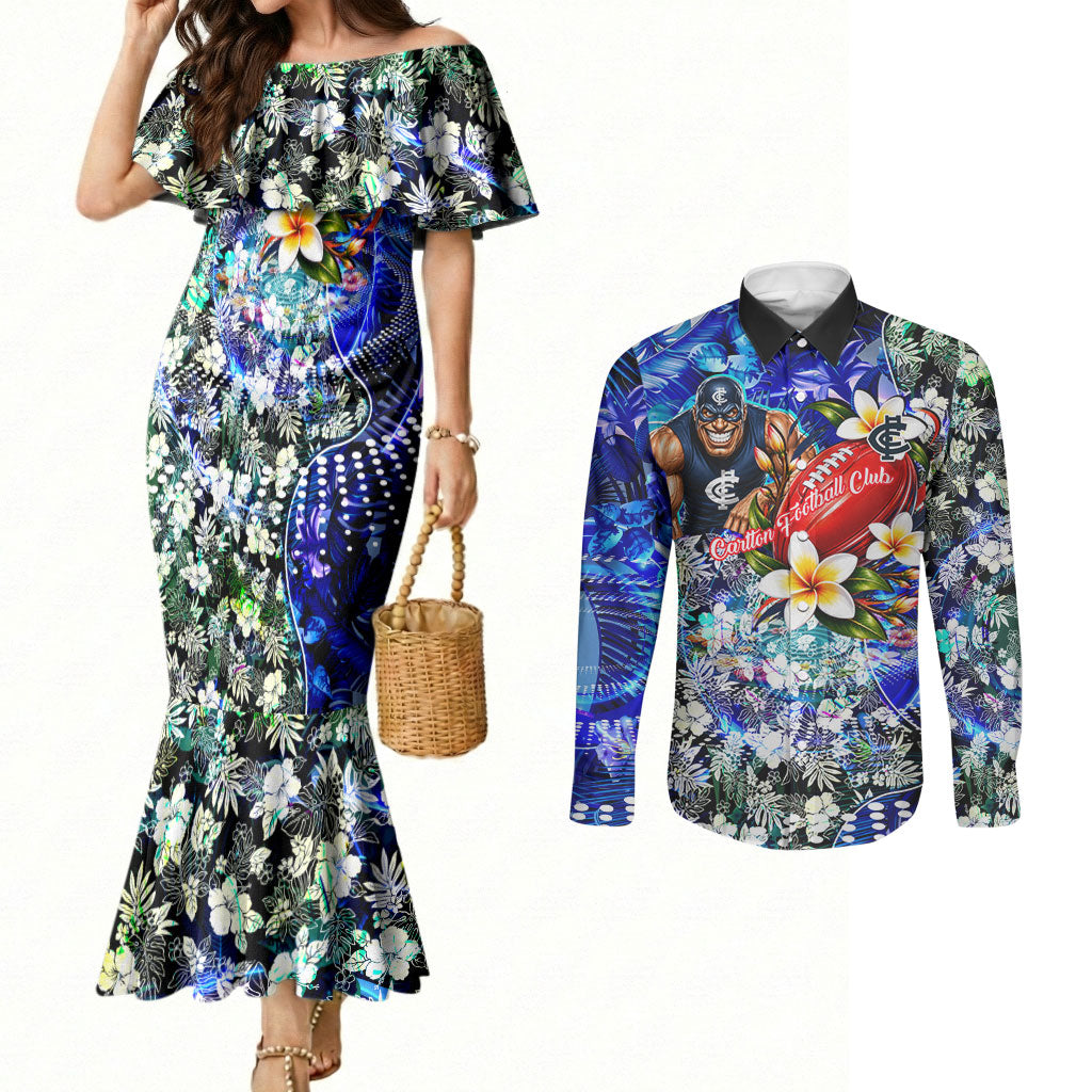 Personalized Carlton Football Blues Couples Matching Mermaid Dress and Long Sleeve Button Shirt Tropical Hibiscus Flowers - Pacific Fusion Style