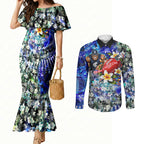 Personalized Carlton Football Blues Couples Matching Mermaid Dress and Long Sleeve Button Shirt Tropical Hibiscus Flowers - Pacific Fusion Style