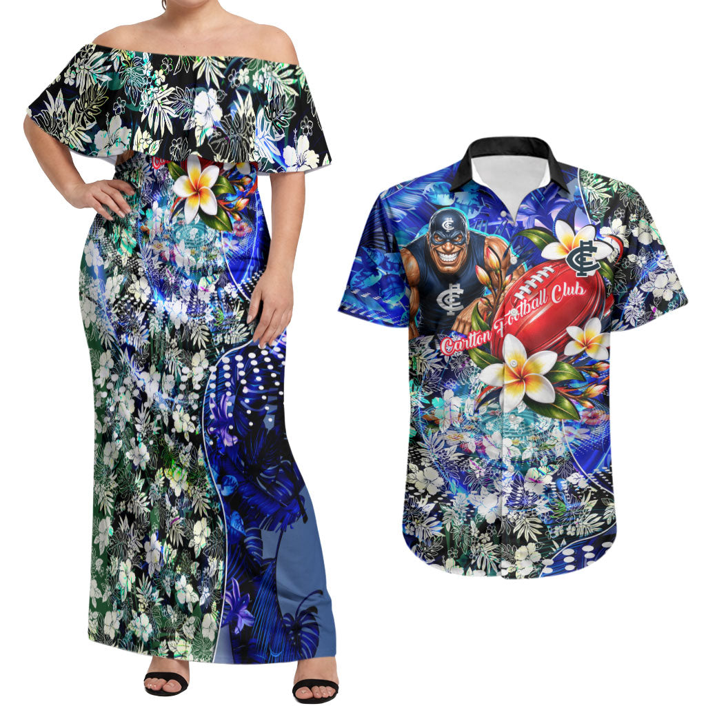 Personalized Carlton Football Blues Couples Matching Off Shoulder Maxi Dress and Hawaiian Shirt Tropical Hibiscus Flowers - Pacific Fusion Style
