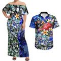 Personalized Carlton Football Blues Couples Matching Off Shoulder Maxi Dress and Hawaiian Shirt Tropical Hibiscus Flowers - Pacific Fusion Style