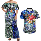 Personalized Carlton Football Blues Couples Matching Off Shoulder Maxi Dress and Hawaiian Shirt Tropical Hibiscus Flowers - Pacific Fusion Style