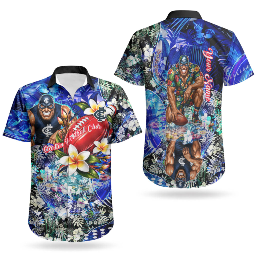 Personalized Carlton Football Blues Couples Matching Off Shoulder Maxi Dress and Hawaiian Shirt Tropical Hibiscus Flowers - Pacific Fusion Style