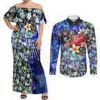 Personalized Carlton Football Blues Couples Matching Off Shoulder Maxi Dress and Long Sleeve Button Shirt Tropical Hibiscus Flowers - Pacific Fusion Style