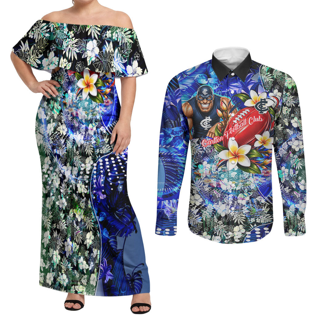 Personalized Carlton Football Blues Couples Matching Off Shoulder Maxi Dress and Long Sleeve Button Shirt Tropical Hibiscus Flowers - Pacific Fusion Style