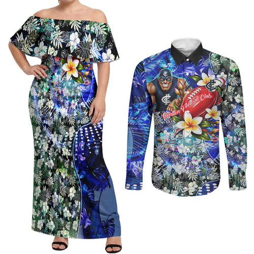 Personalized Carlton Football Blues Couples Matching Off Shoulder Maxi Dress and Long Sleeve Button Shirt Tropical Hibiscus Flowers - Pacific Fusion Style