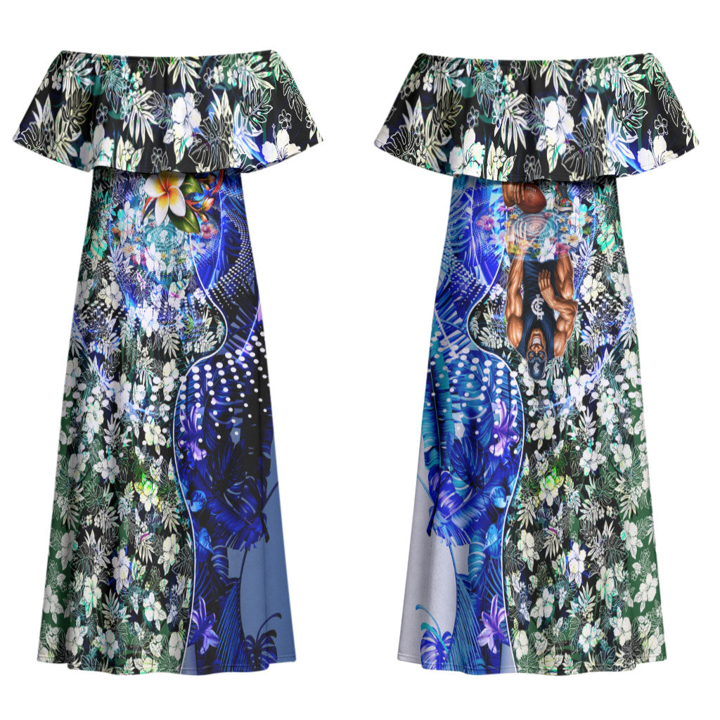 Personalized Carlton Football Blues Couples Matching Off Shoulder Maxi Dress and Long Sleeve Button Shirt Tropical Hibiscus Flowers - Pacific Fusion Style