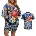 Personalized Carlton Football Blues Couples Matching Off Shoulder Short Dress and Hawaiian Shirt Tropical Hibiscus Flowers - Pacific Fusion Style