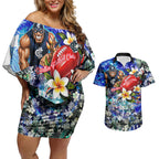 Personalized Carlton Football Blues Couples Matching Off Shoulder Short Dress and Hawaiian Shirt Tropical Hibiscus Flowers - Pacific Fusion Style