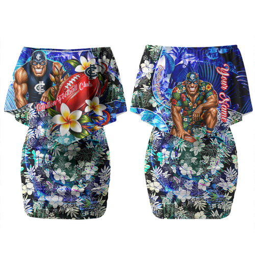 Personalized Carlton Football Blues Couples Matching Off Shoulder Short Dress and Hawaiian Shirt Tropical Hibiscus Flowers - Pacific Fusion Style