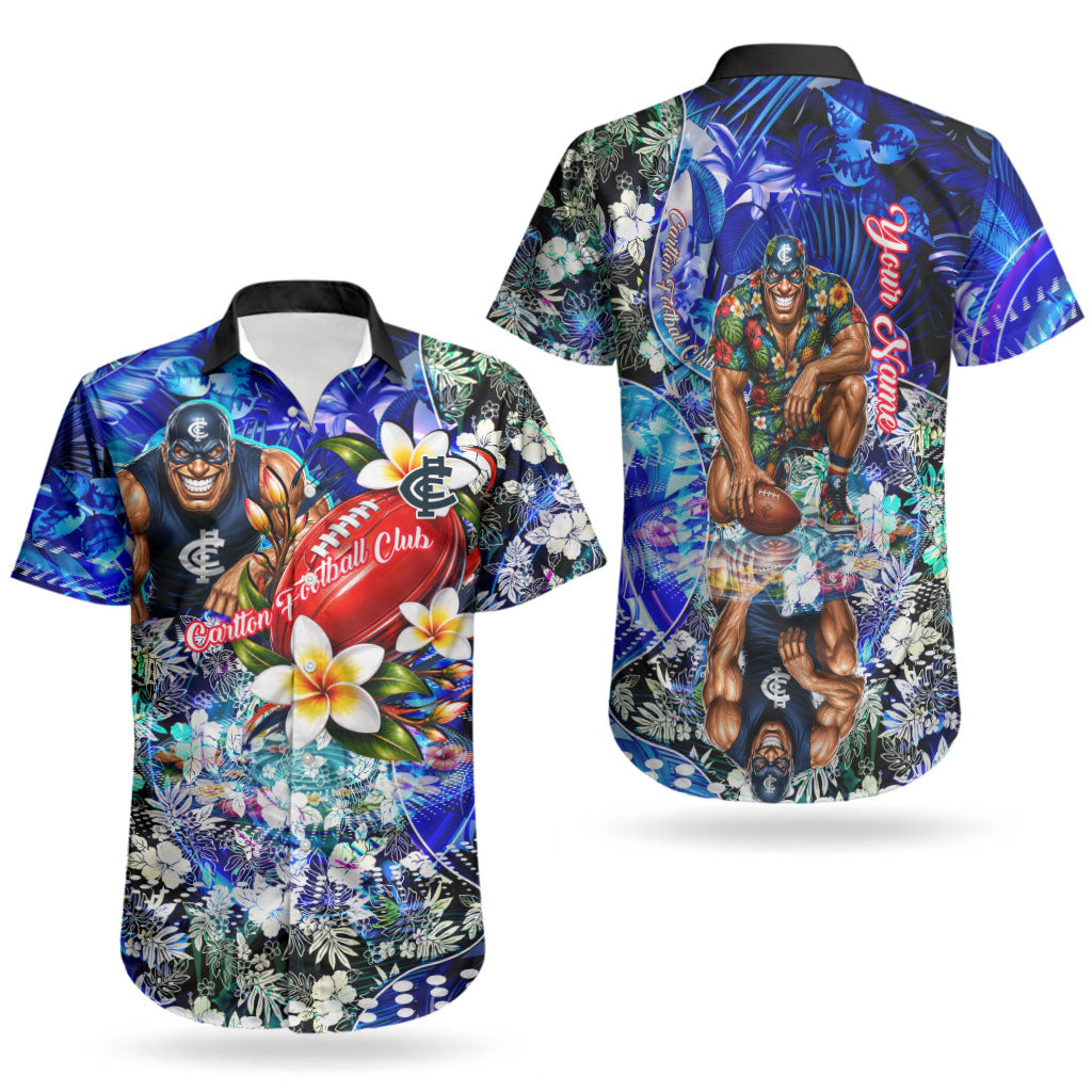 Personalized Carlton Football Blues Couples Matching Off Shoulder Short Dress and Hawaiian Shirt Tropical Hibiscus Flowers - Pacific Fusion Style