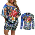 Personalized Carlton Football Blues Couples Matching Off Shoulder Short Dress and Long Sleeve Button Shirt Tropical Hibiscus Flowers - Pacific Fusion Style