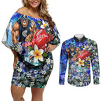 Personalized Carlton Football Blues Couples Matching Off Shoulder Short Dress and Long Sleeve Button Shirt Tropical Hibiscus Flowers - Pacific Fusion Style