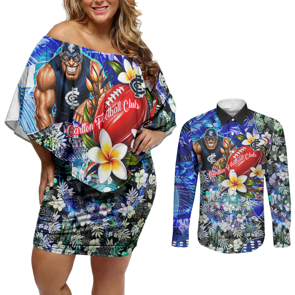 Personalized Carlton Football Blues Couples Matching Off Shoulder Short Dress and Long Sleeve Button Shirt Tropical Hibiscus Flowers - Pacific Fusion Style