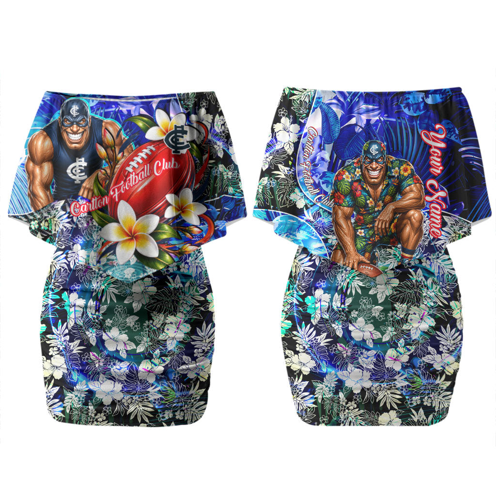 Personalized Carlton Football Blues Couples Matching Off Shoulder Short Dress and Long Sleeve Button Shirt Tropical Hibiscus Flowers - Pacific Fusion Style