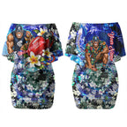Personalized Carlton Football Blues Couples Matching Off Shoulder Short Dress and Long Sleeve Button Shirt Tropical Hibiscus Flowers - Pacific Fusion Style