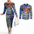 Personalized Carlton Football Blues Couples Matching Off The Shoulder Long Sleeve Dress and Long Sleeve Button Shirt Tropical Hibiscus Flowers - Pacific Fusion Style