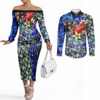 Personalized Carlton Football Blues Couples Matching Off The Shoulder Long Sleeve Dress and Long Sleeve Button Shirt Tropical Hibiscus Flowers - Pacific Fusion Style