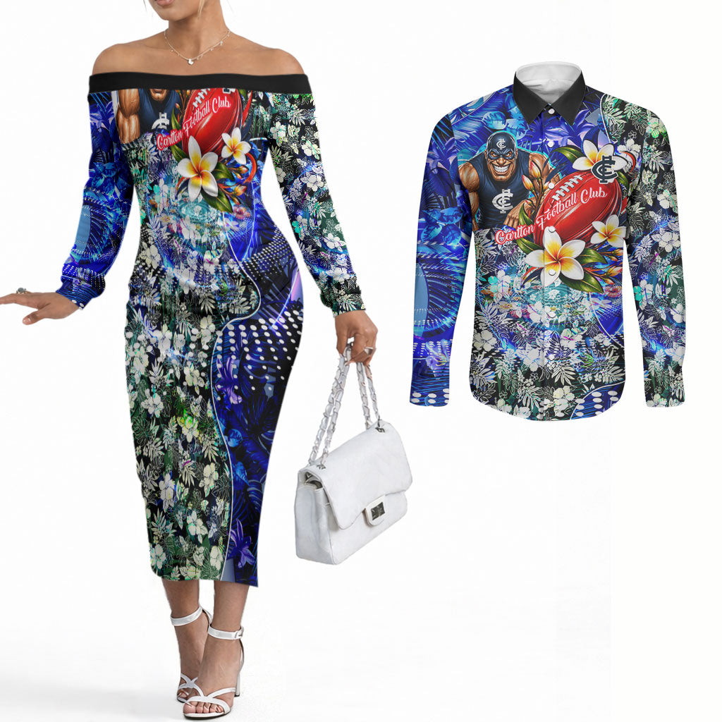 Personalized Carlton Football Blues Couples Matching Off The Shoulder Long Sleeve Dress and Long Sleeve Button Shirt Tropical Hibiscus Flowers - Pacific Fusion Style